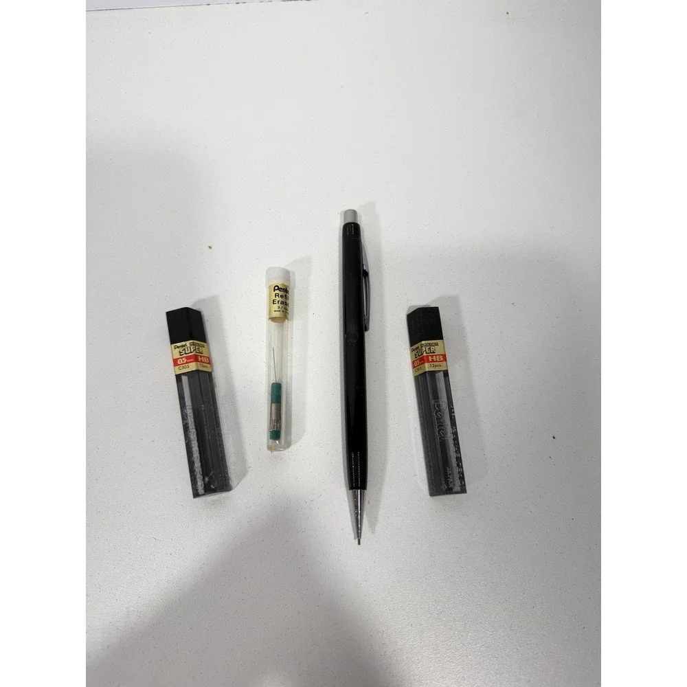 Pentel P225 Sharp Mechanical Pencil 0.5mm Black w HB Lead Refills and Erasers